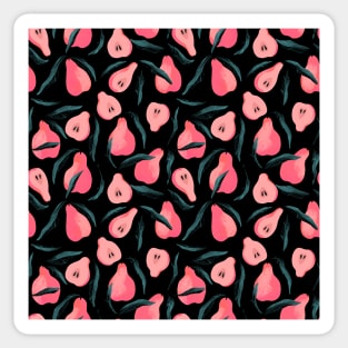 Pink blush pears with leaves on black background pattern Sticker